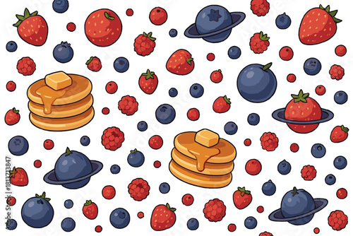 Whimsical pancake and berry pattern with space-themed fruit