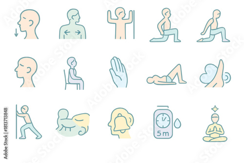 Set of illustrated icons for breathing and stretching exercises