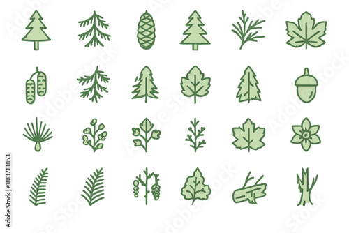 Set of forest and botanical line icons in green monochrome style