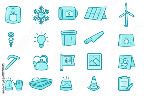 Set of blue camping and survival gear vector icons
