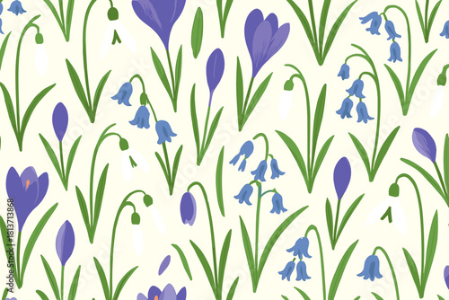 Seamless pattern with snowdrops, bluebells, and crocuses