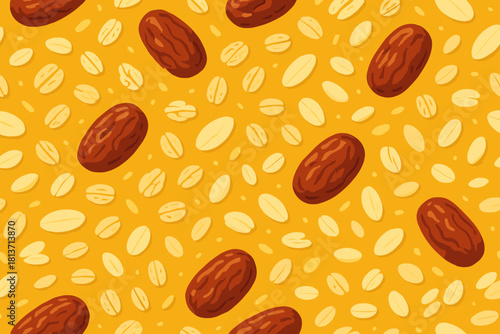 Seamless pattern of dates and oats on yellow background