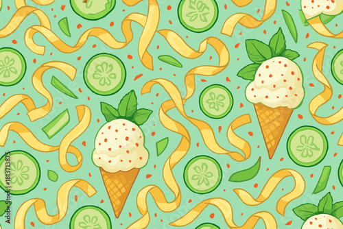 Seamless pattern with ice cream cones, cucumber slices, and ribbons