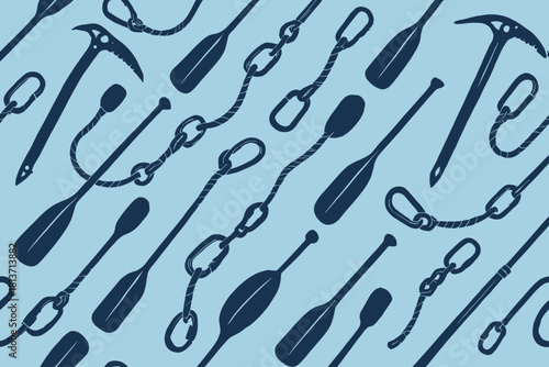 Seamless pattern of paddles, ice axes, ropes, and carabiners