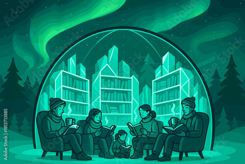 People reading in cozy dome library under northern lights