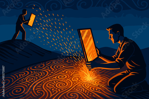 Conceptual art of people using glowing tablets in night landscape