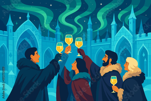 Winter celebration with drinks under northern lights and castle