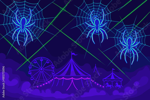Neon spiders above carnival tents with laser lights
