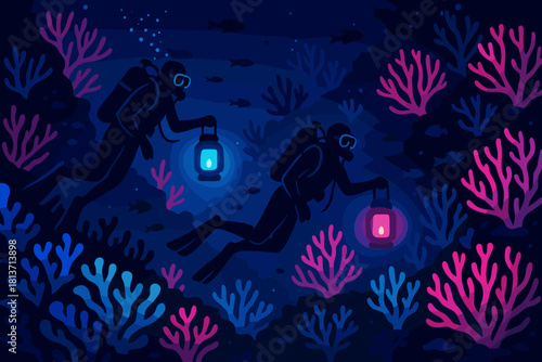 Divers exploring glowing coral reef with lanterns at night
