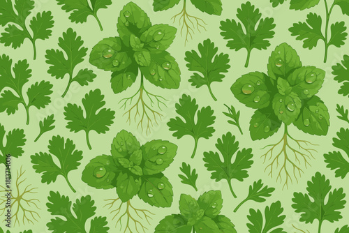 Seamless pattern of mint and parsley herbs with roots on green