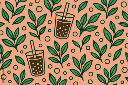 Seamless pattern with bubble tea cups and green tea leaves