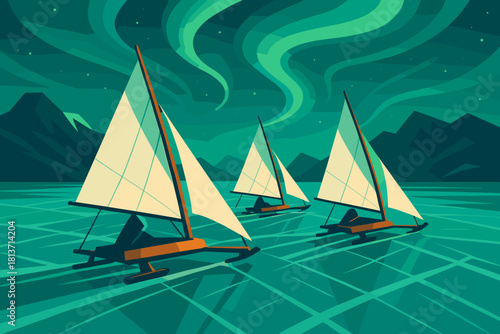 Ice sailing under northern lights in stylized winter scene
