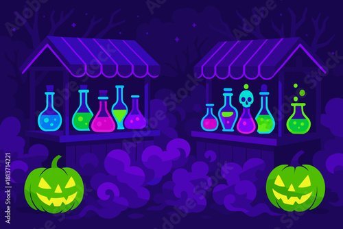 Glowing Halloween potion stalls with neon jack-o'-lanterns