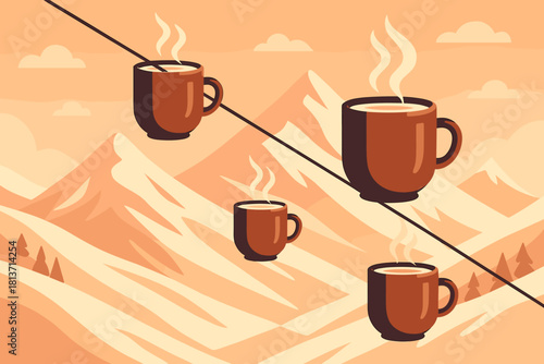 Surreal coffee cups riding cable car over snowy mountains