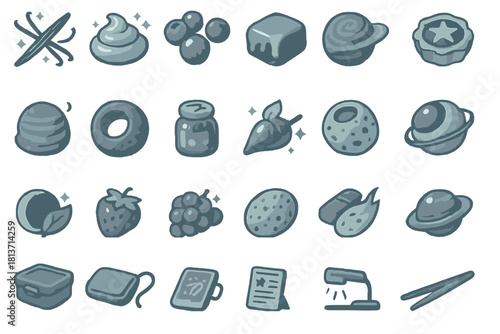 Fantasy dessert and candy icons in whimsical blue-toned style