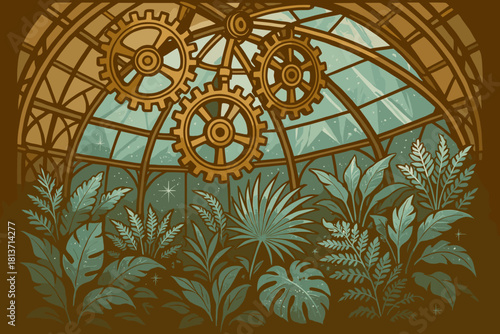 Steampunk greenhouse with gears and lush tropical plants
