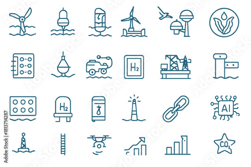Set of marine energy and hydrogen industry icons in blue line art