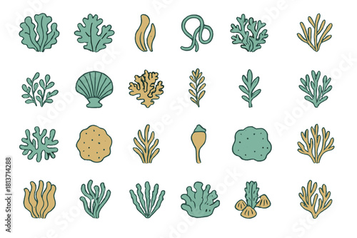 Hand-drawn seaweed and coral icon set in earthy gradient tones