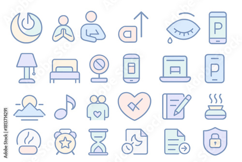 Pastel gradient sleep and wellness icon set on blurred background
