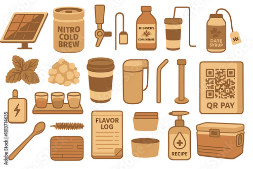 Artisan cold brew coffee icons with equipment, ingredients, and café tools
