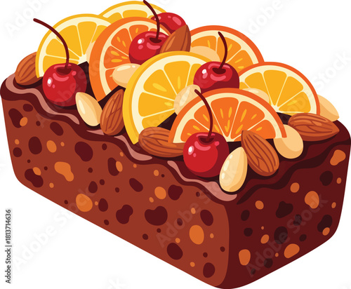 A close-up illustration of a chocolate cake topped with orange slices, cherries, and nuts on a white background.