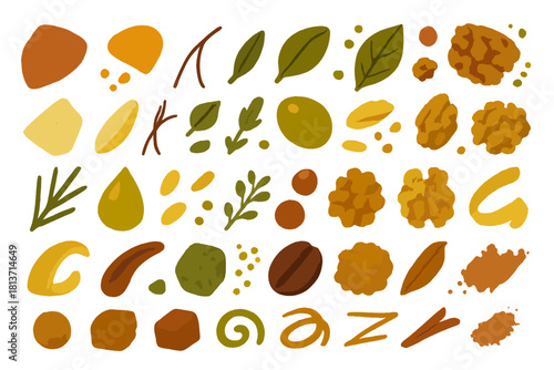 Watercolor food ingredient elements – herbs, spices, nuts & seeds