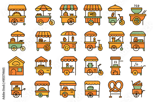 Set of colorful street food cart icons on warm gradient background