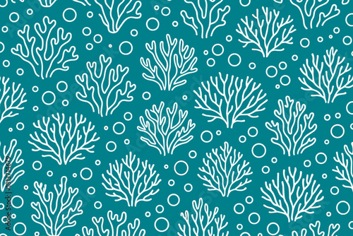 Seamless coral reef pattern with bubbles on teal background