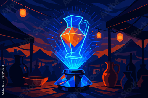 Futuristic holographic jug at night market illustration