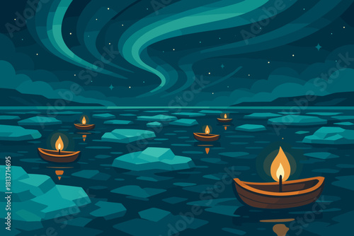 Lantern boats floating on icy water under northern lights