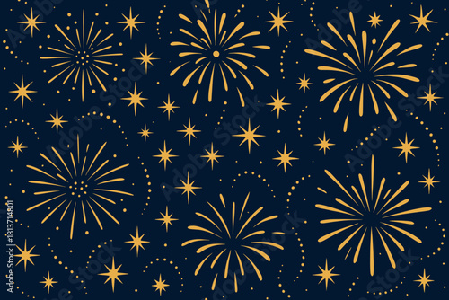 Golden fireworks and stars on dark night sky