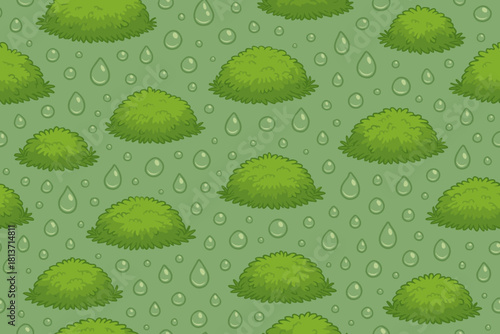 Seamless cartoon pattern of green bushes and raindrops on grass