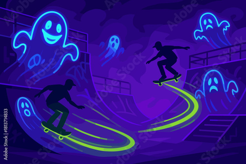 Neon haunted skatepark with ghost graffiti and skaters