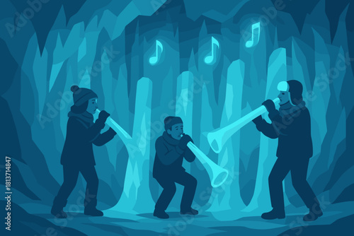 Musicians performing with ice horns in a glowing cave