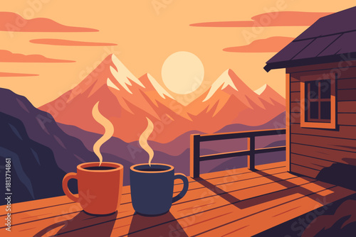 Sunrise coffee on a mountain cabin deck with scenic view