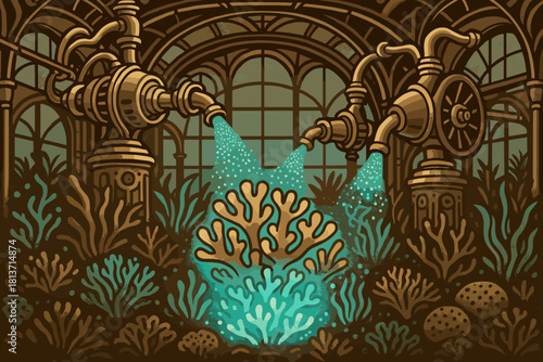 Steampunk coral greenhouse with glowing underwater flora