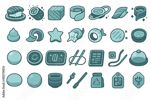 Futuristic sushi and sci-fi food technology icon set