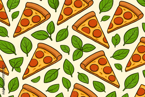 Pepperoni pizza slice and basil leaf seamless pattern on cream background