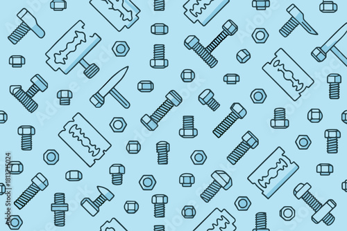 Seamless pattern with bolts, nuts, razor blades, and tools on light blue background