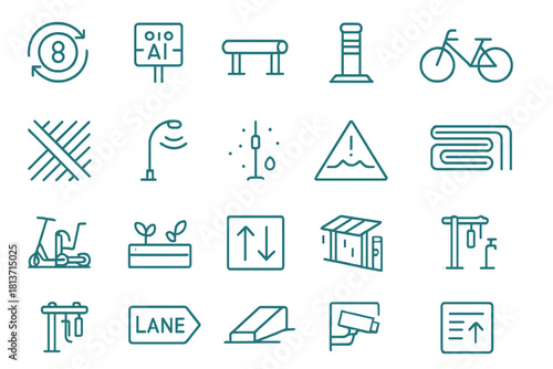 Smart city and urban mobility icons with modern teal outline design