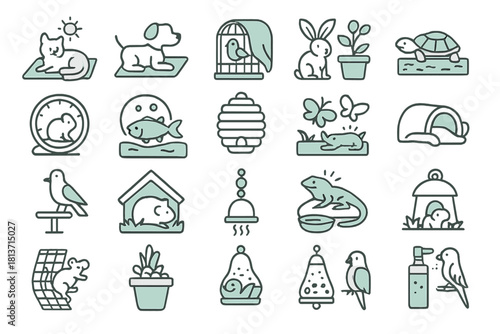 Neon-style seamless pattern with pet animals, habitats, and accessories on dark background