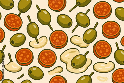 Seamless pattern with olives, salami slices, and cheese on cream background