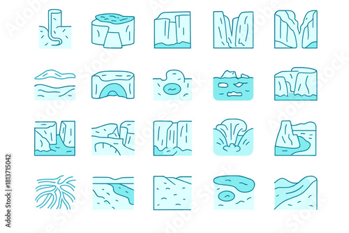 Glowing blue icon set of natural landforms and water bodies on a metallic background