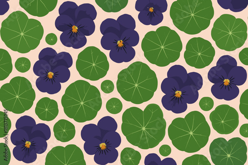 Seamless pattern with purple pansy flowers and green nasturtium leaves on pale background