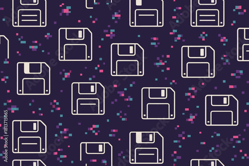 Seamless white floppy disk pattern with glitch pixel background