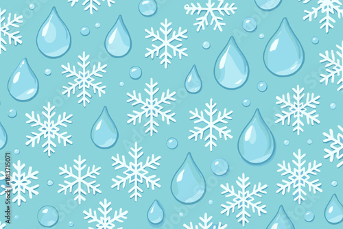 Seamless winter pattern with snowflakes and water droplets