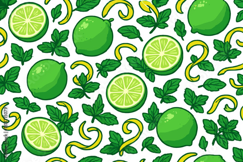 Seamless pattern with whole limes, lime slices, and mint leaves