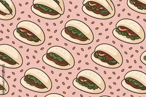 Seamless pattern of bao buns with meat and lettuce filling