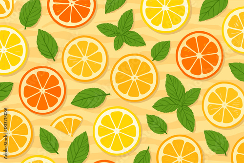 Seamless pattern of citrus slices and mint leaves on yellow