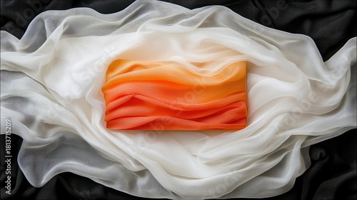 A rectangular piece of fabric with an orange to white gradient is draped with flowing sheer white and black fabric.